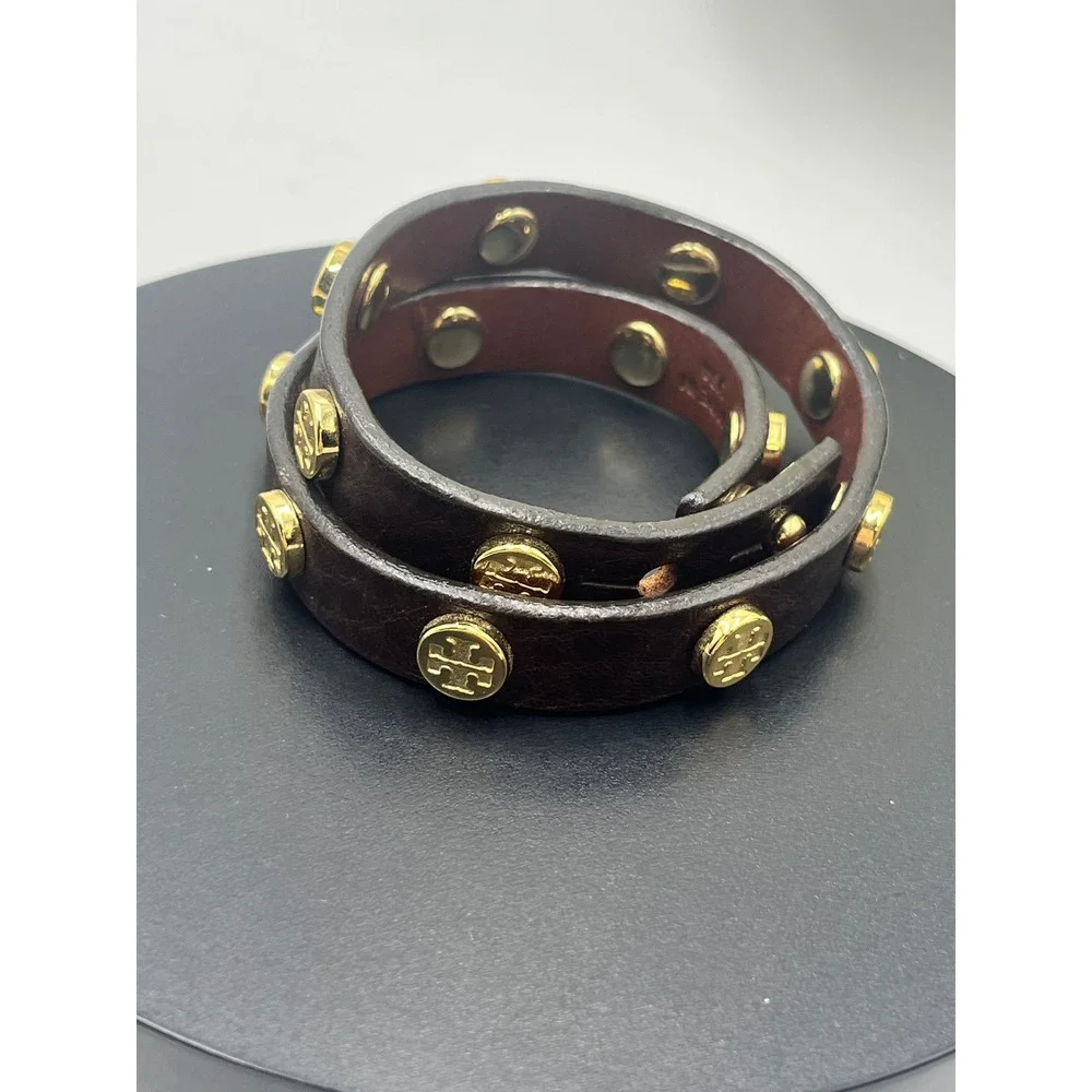 Tory Burch Jewelry Leather Brown Double Wrap Gold Logo Bracelet Made‎ in USA